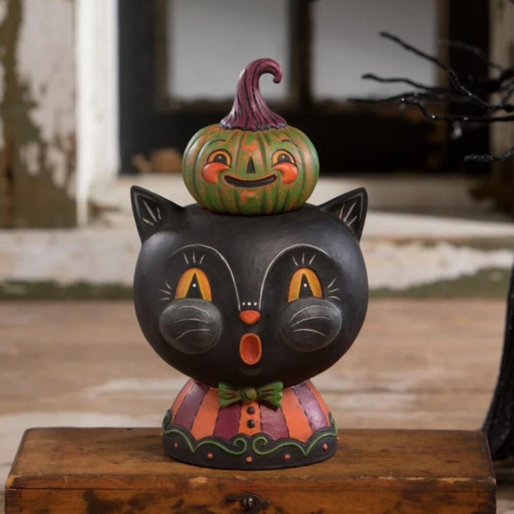 Bethany Lowe Johanna Parker Black Jack & Kinny Green Stack Cat Pumpkin Halloween